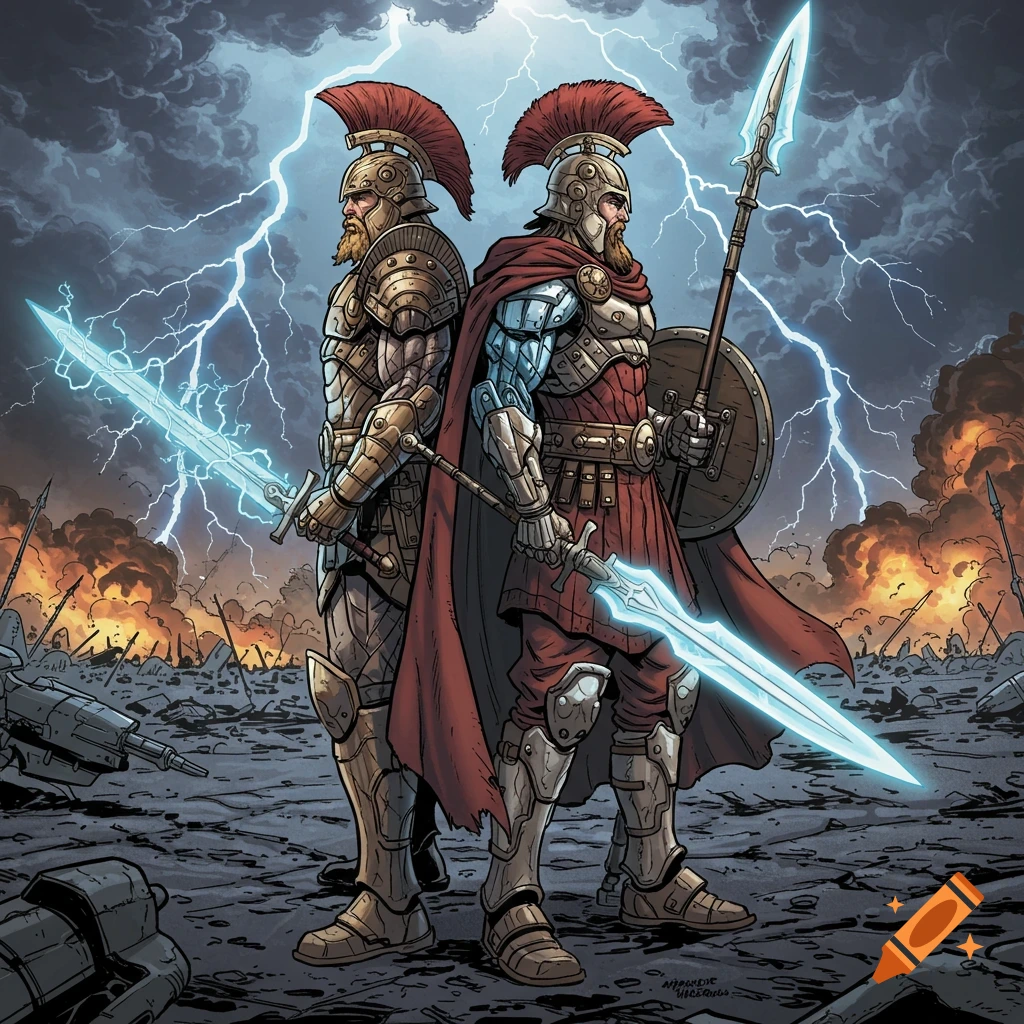 Two heavily armored sci-fi Gaul-inspired warriors stand back to back, holding glowing weapons amidst a lightning storm and battlefield in comic book style.
