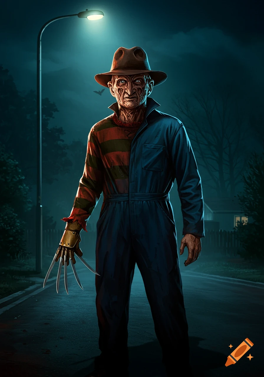 Freddy Krueger in a half-striped sweater and half-blue jumpsuit, wearing a fedora and blade glove, stands under a street light at night.