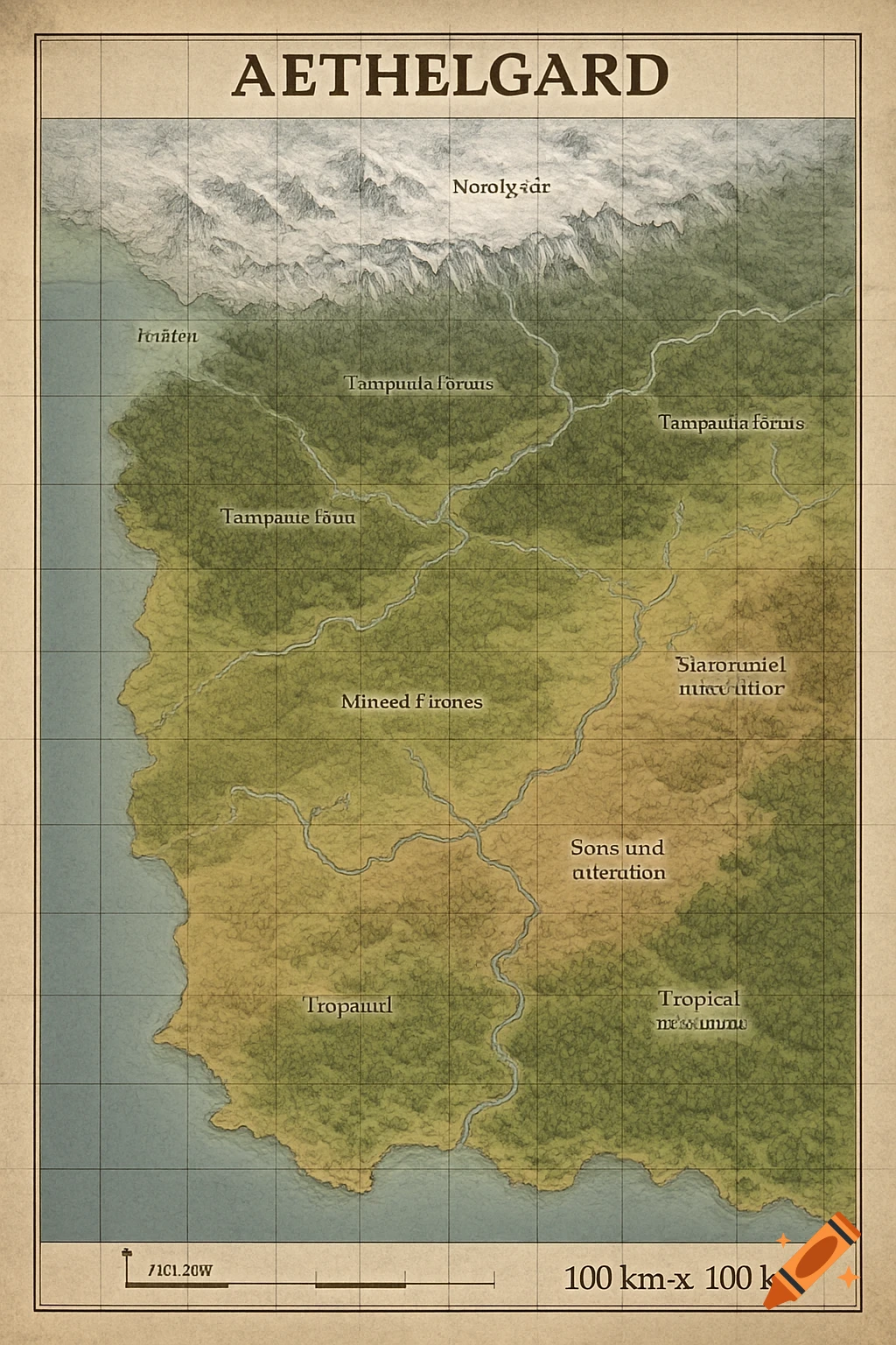A detailed fantasy map titled "AETHELGARD," showing mountains, forests, rivers, and a coastline, with a grid overlay and various region labels, some of which are garbled. The map scale is 100 km-x 100 km.