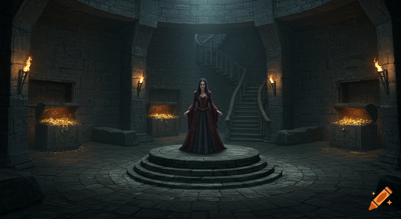 A young woman in a medieval dress stands on a circular pedestal in a torchlit underground stone room with open treasure chests.