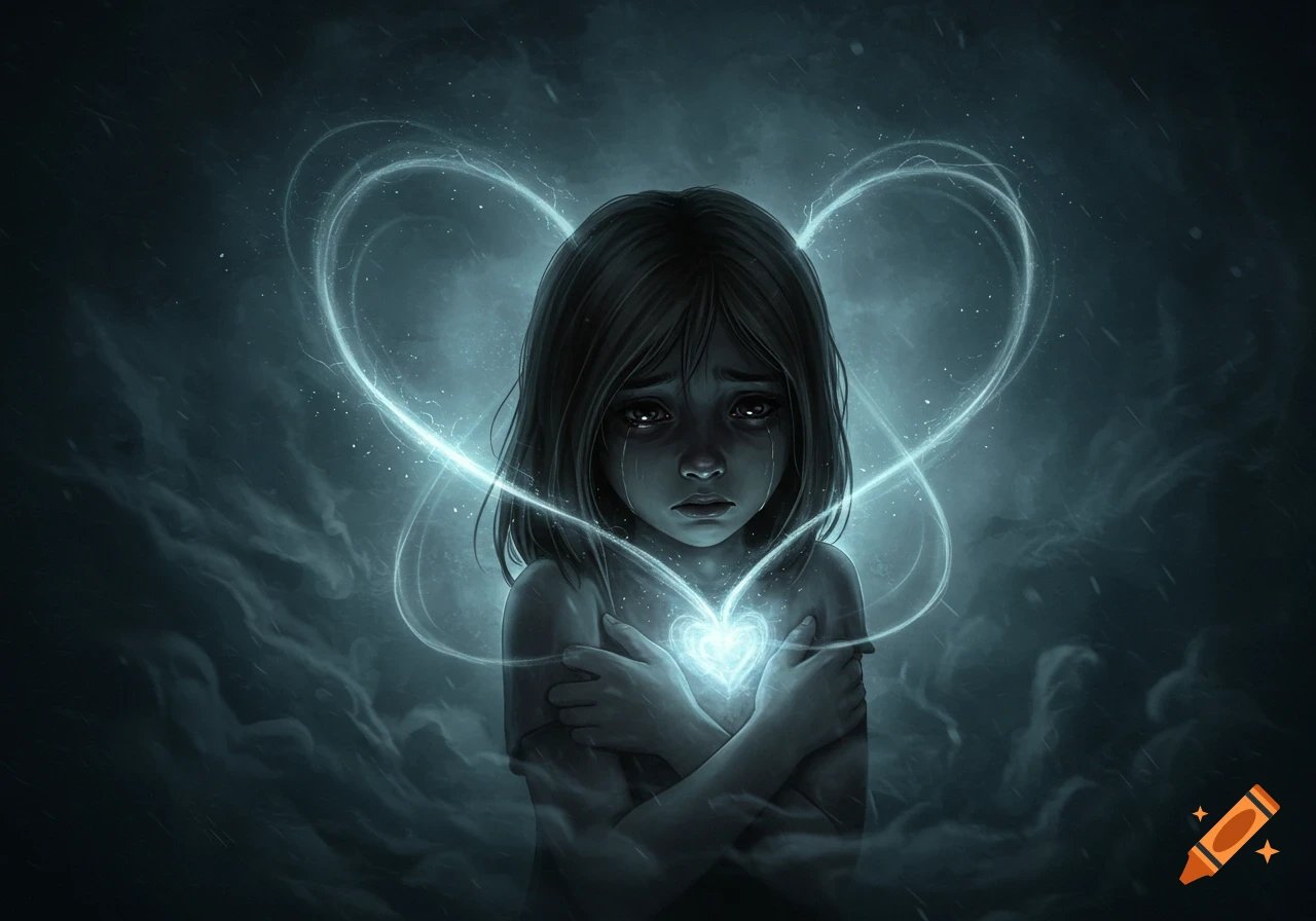 A crying child with glowing blue hearts around her and in her chest, against a dark, cloudy background, in an emotional illustration style.