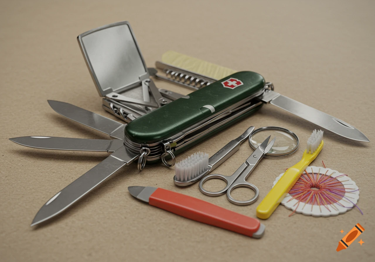 A photorealistic green Swiss Army knife with multiple tools open, including blades, mirror, magnifying glass, and a sewing kit, on a neutral background.