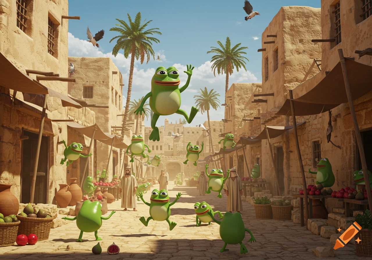 Animated Pepe frogs hop and float through a bustling ancient Middle Eastern market under a blue sky.