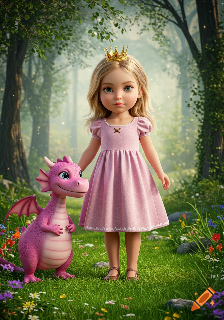 A princess in a pink dress and crown stands with a friendly pink dragon in a magical forest. Realistic illustration.