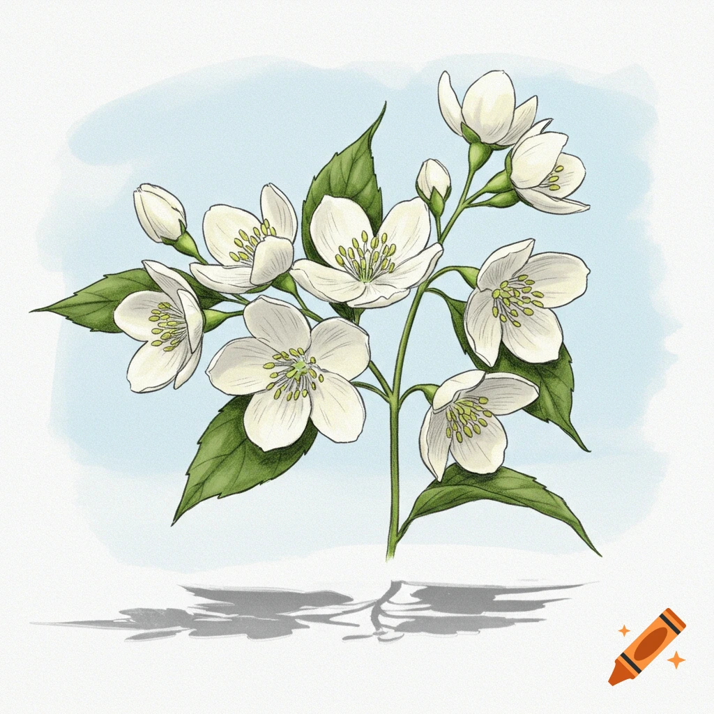 A detailed illustration of white jasmine flowers with green leaves, casting a shadow below, against a light blue background.