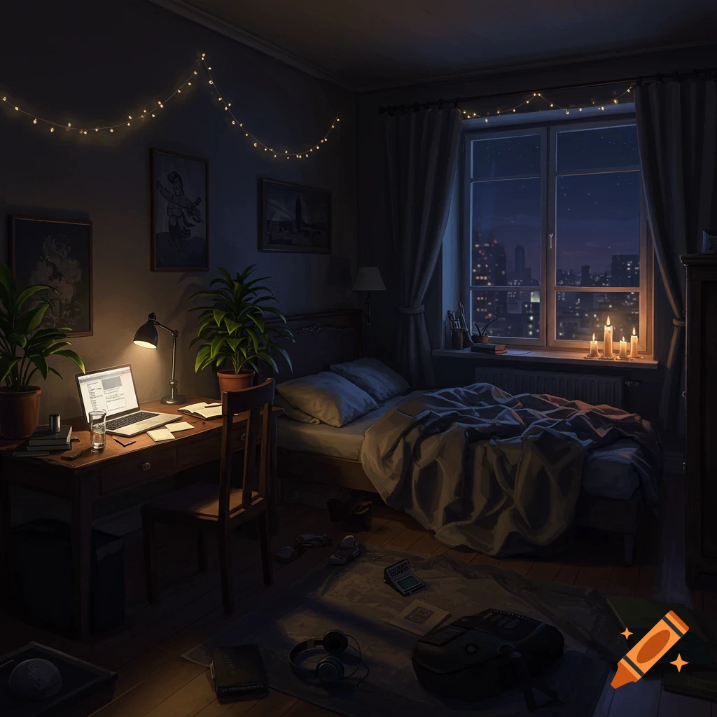 A dimly lit bedroom at night with string lights, a messy bed, a laptop on a desk, plants, and candles, overlooking a city skyline.