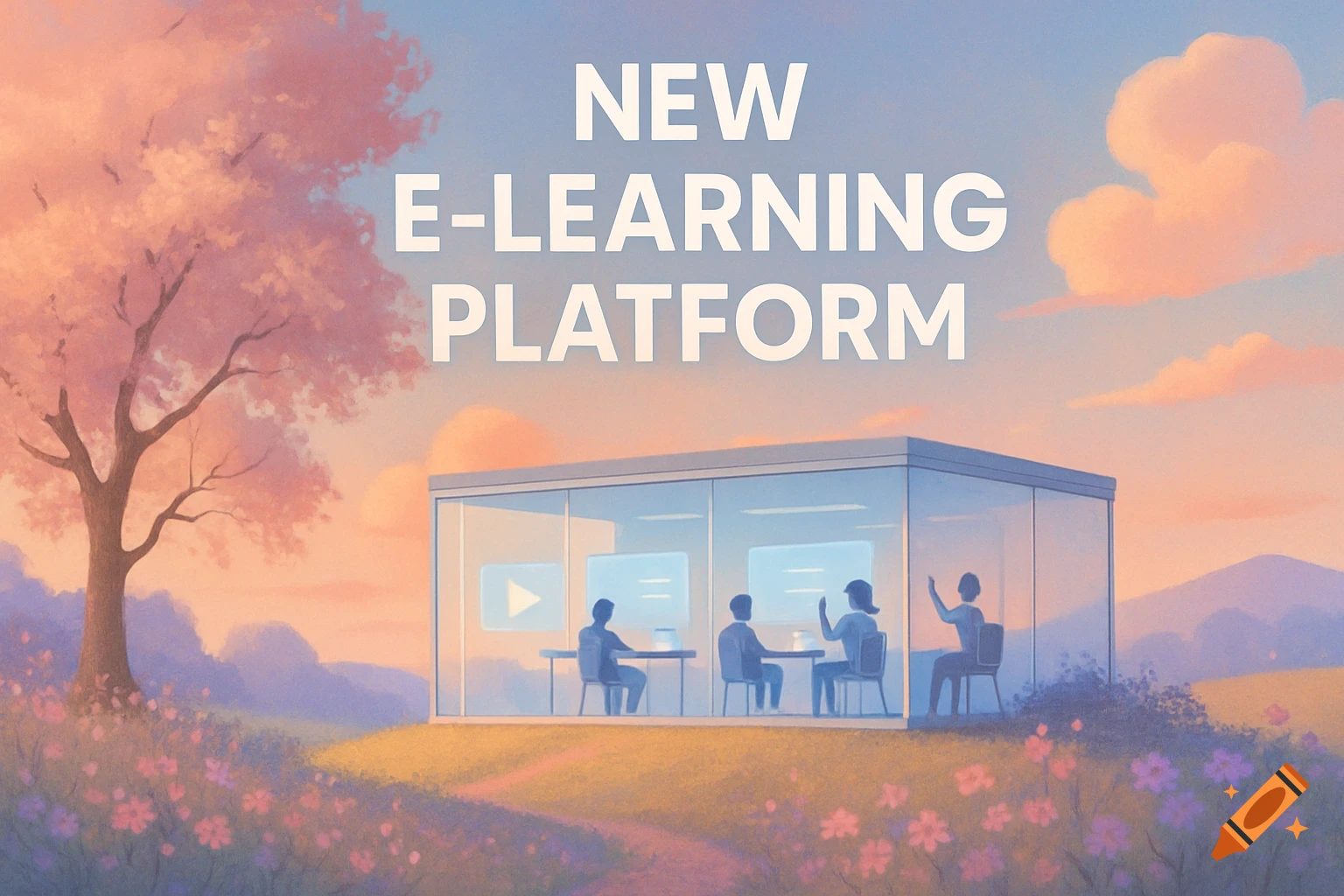 Pastel illustration: A glass building with people in a meadow under a pink sky. "NEW E-LEARNING PLATFORM" is in the sky.