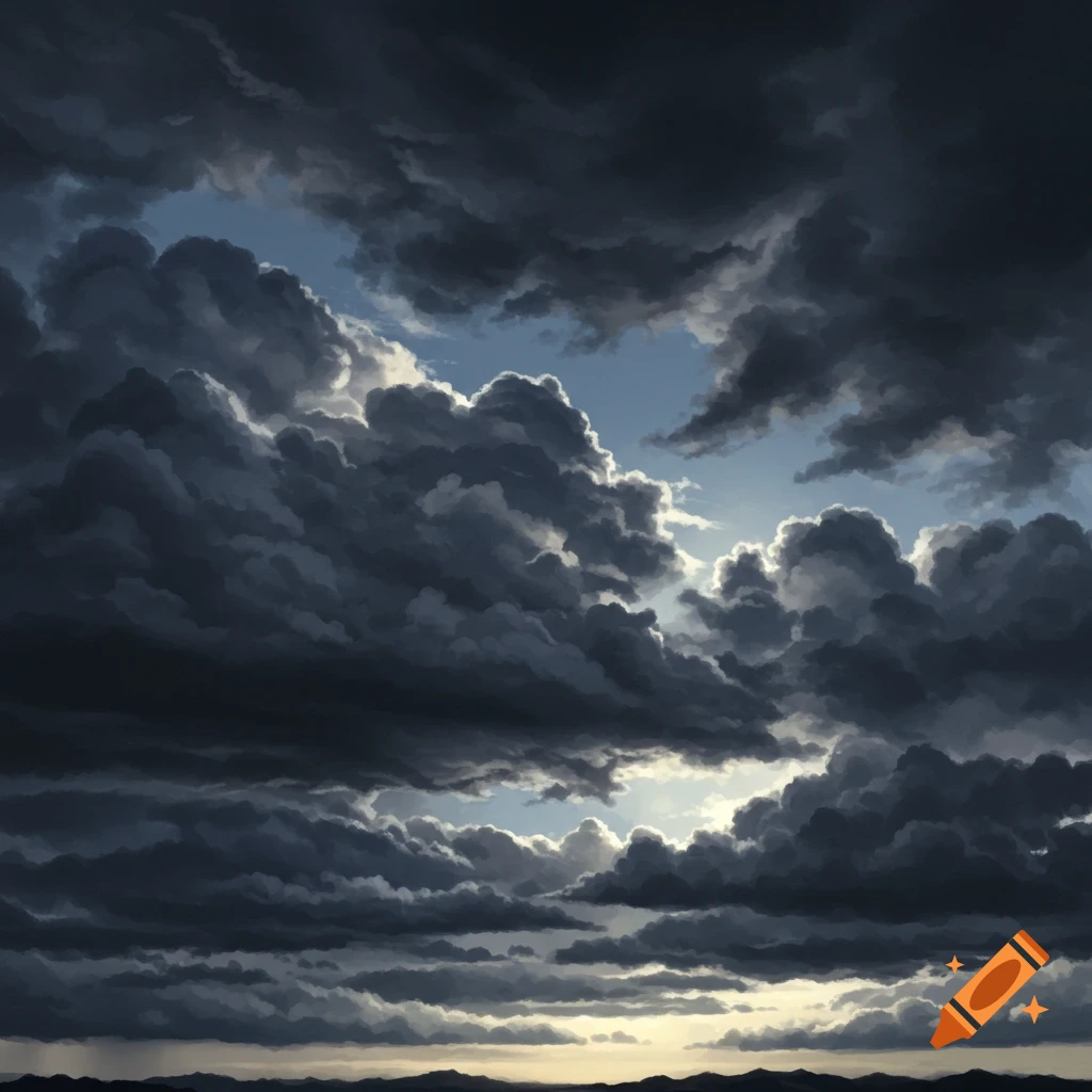 Dramatic dark storm clouds with light breaking through, above distant hills.