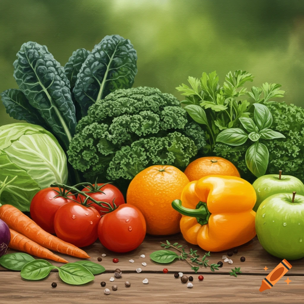 A vibrant still life of fresh produce including kale, broccoli, cabbage, tomatoes, carrots, oranges, bell pepper, and green apples on wood.