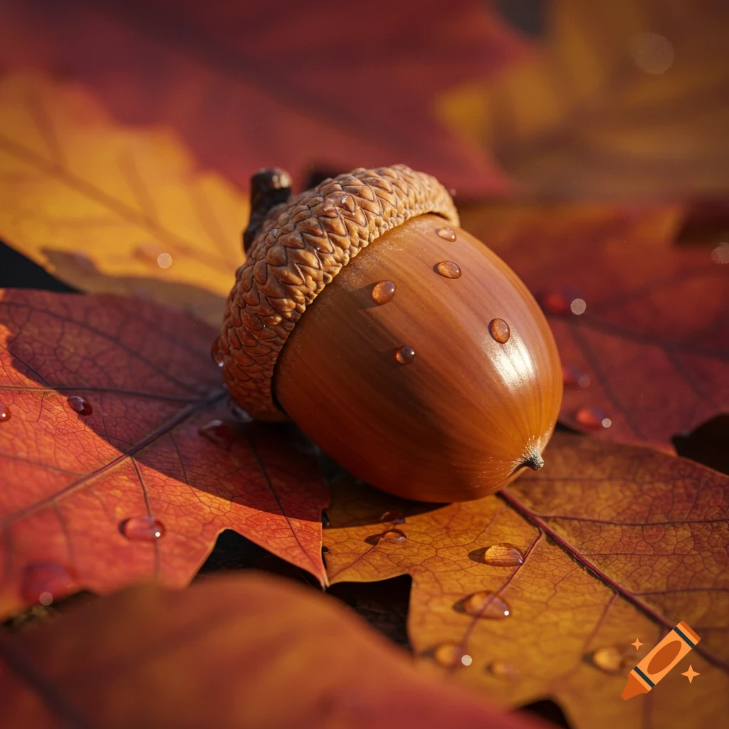 A single acorn covered in water droplets rests on vibrant orange and red autumn leaves, also with droplets, in a photorealistic close-up.
