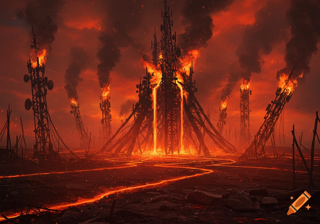 Dystopian landscape with burning communication towers, molten lava paths, and a fiery red sky.
