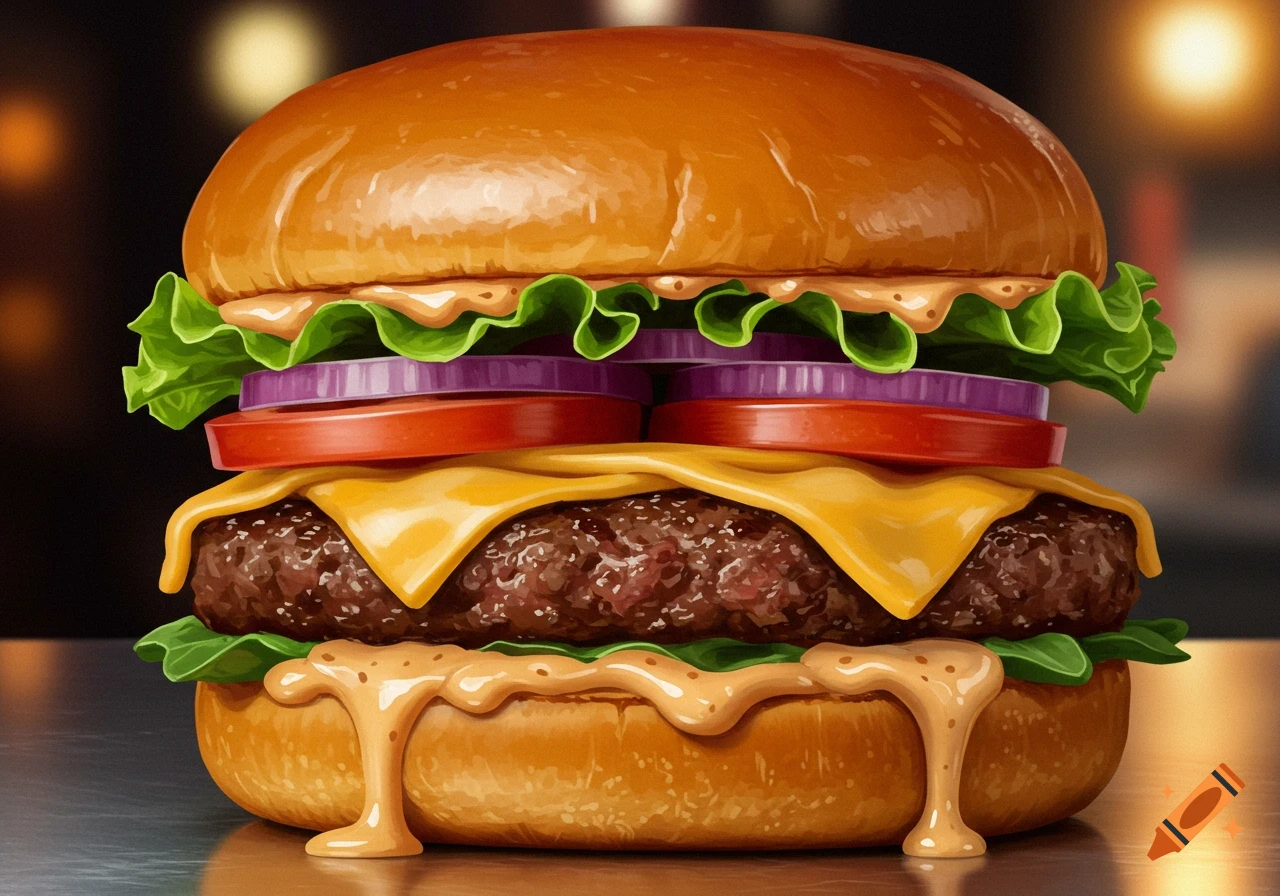 A detailed and appetizing close-up illustration of a cheeseburger with lettuce, tomato, onion, and sauce dripping down.