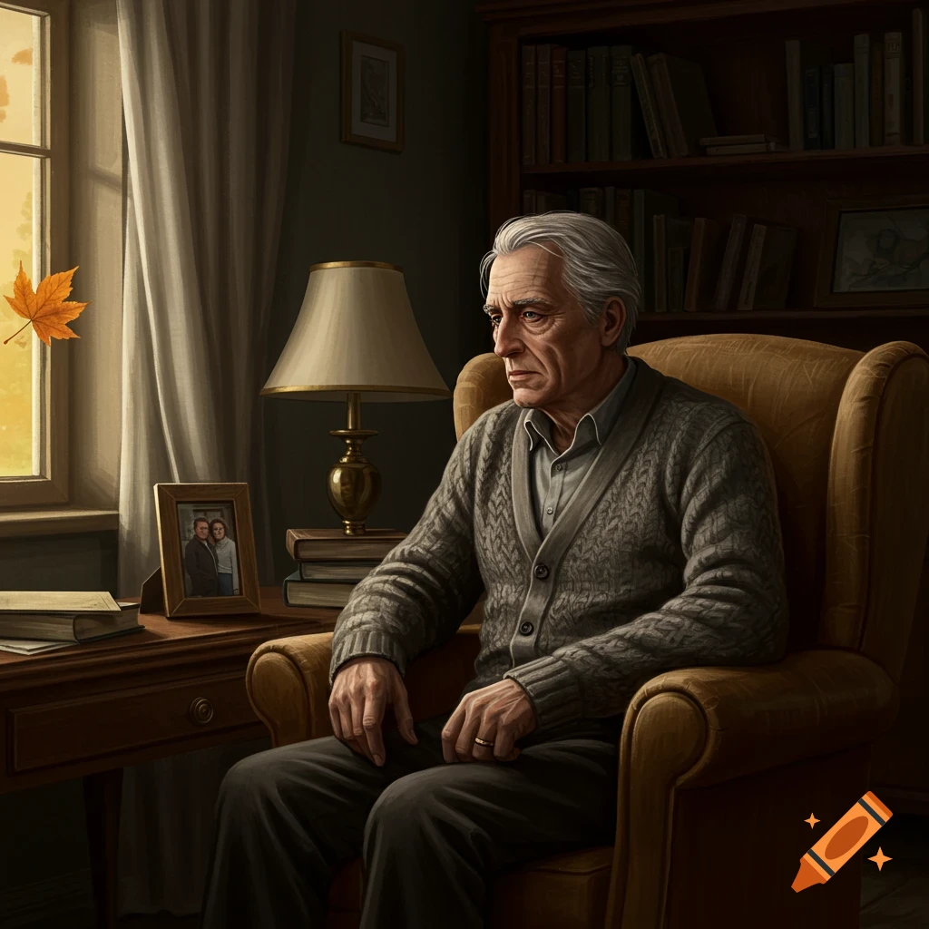 An older man with gray hair sits pensively in a brown armchair by a sunlit window with a single autumn leaf.