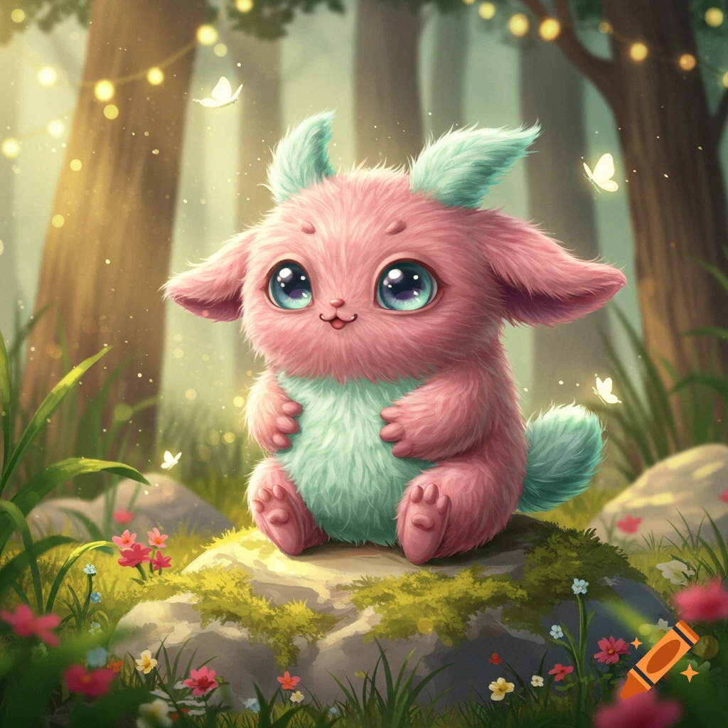 A fluffy pink and mint green fantasy creature with large blue eyes sits on a mossy rock in a magical forest with glowing lights and butterflies.