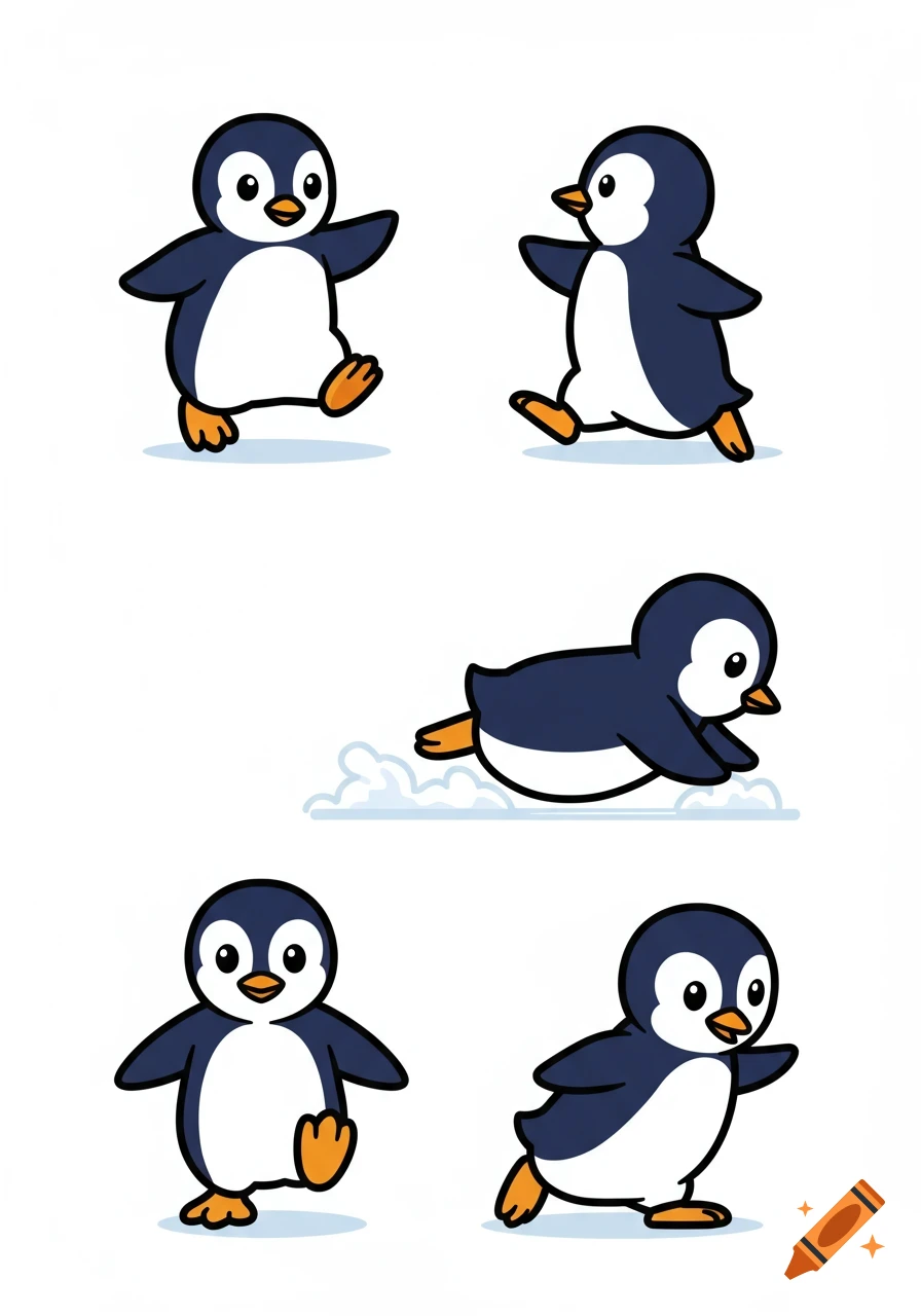 Five cute cartoon penguins in various poses: walking, running, sliding, and standing, on a white background.