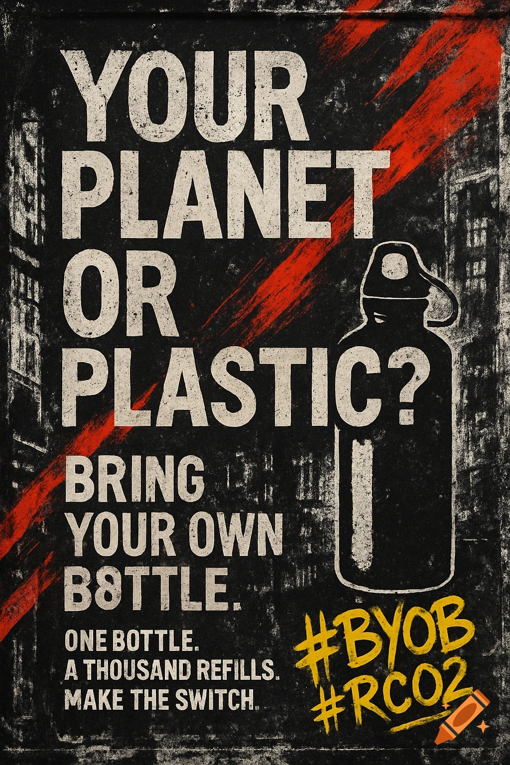 Gritty black and white poster with red slashes and yellow hashtags. Text reads: "YOUR PLANET OR PLASTIC? BRING YOUR OWN B8TTLE. ONE BOTTLE. A THOUSAND REFILLS. MAKE THE SWITCH. #BYOB #RCO2". A silhouette of a water bottle is on the right.