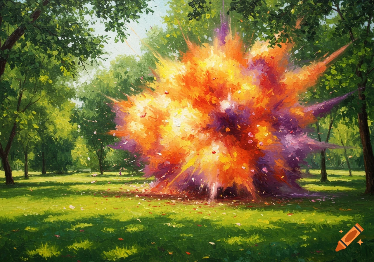 Impressionist painting of a vibrant orange and purple explosion in a green, peaceful park with trees.