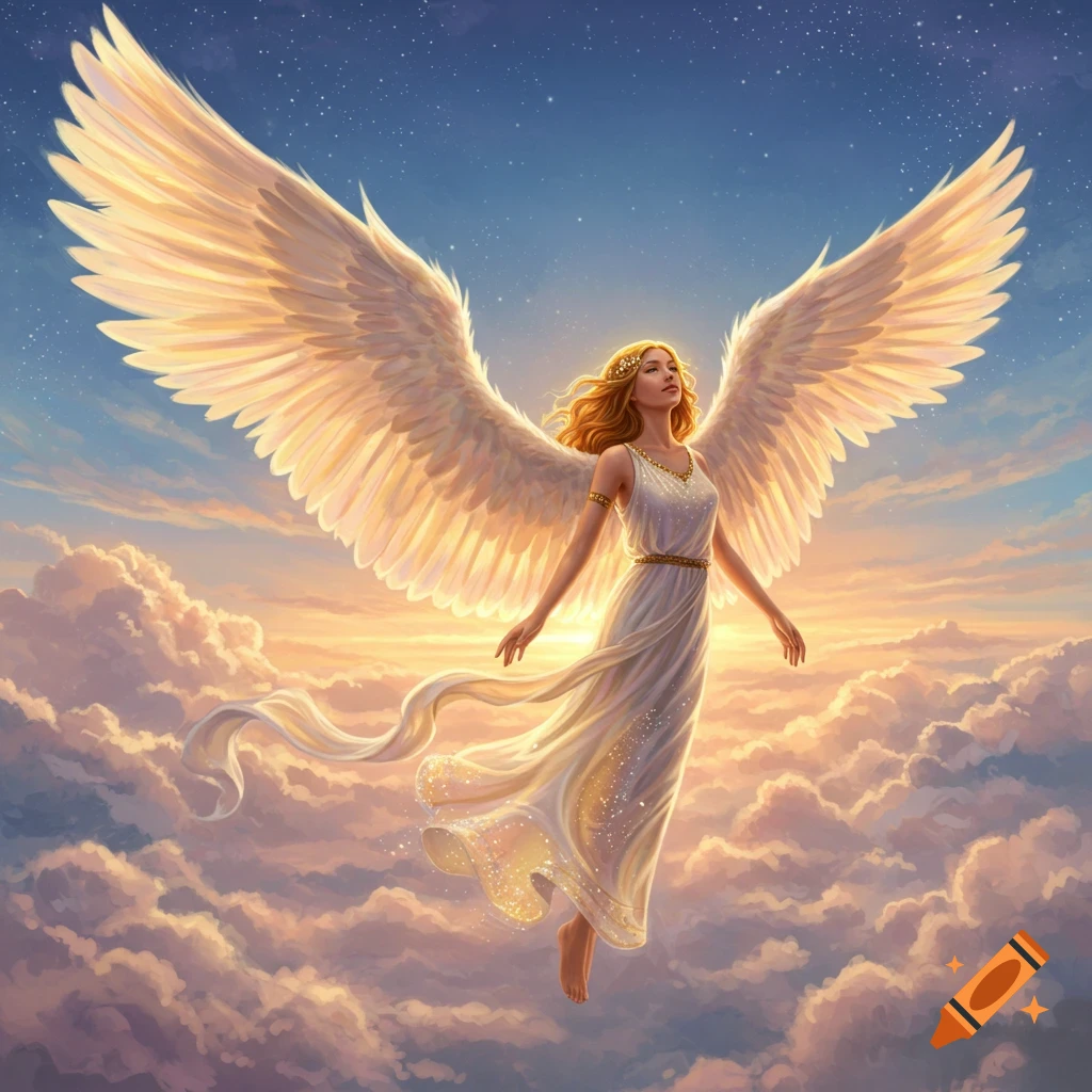 A serene angel with golden hair and large white wings floats gracefully among glowing clouds in a radiant sky at sunrise, rendered in a painterly style.