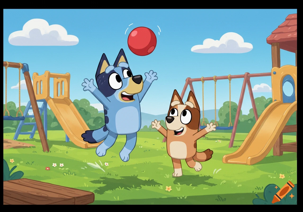 Bluey and Bingo playing with a red ball in a colorful playground with slides and swings.