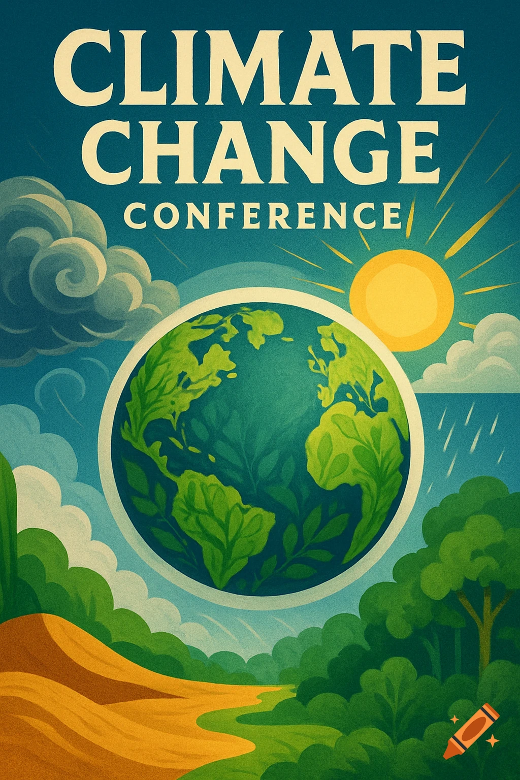 Stylized poster for a Climate Change Conference, featuring Earth, sun, clouds, rain, and lush green landscapes.