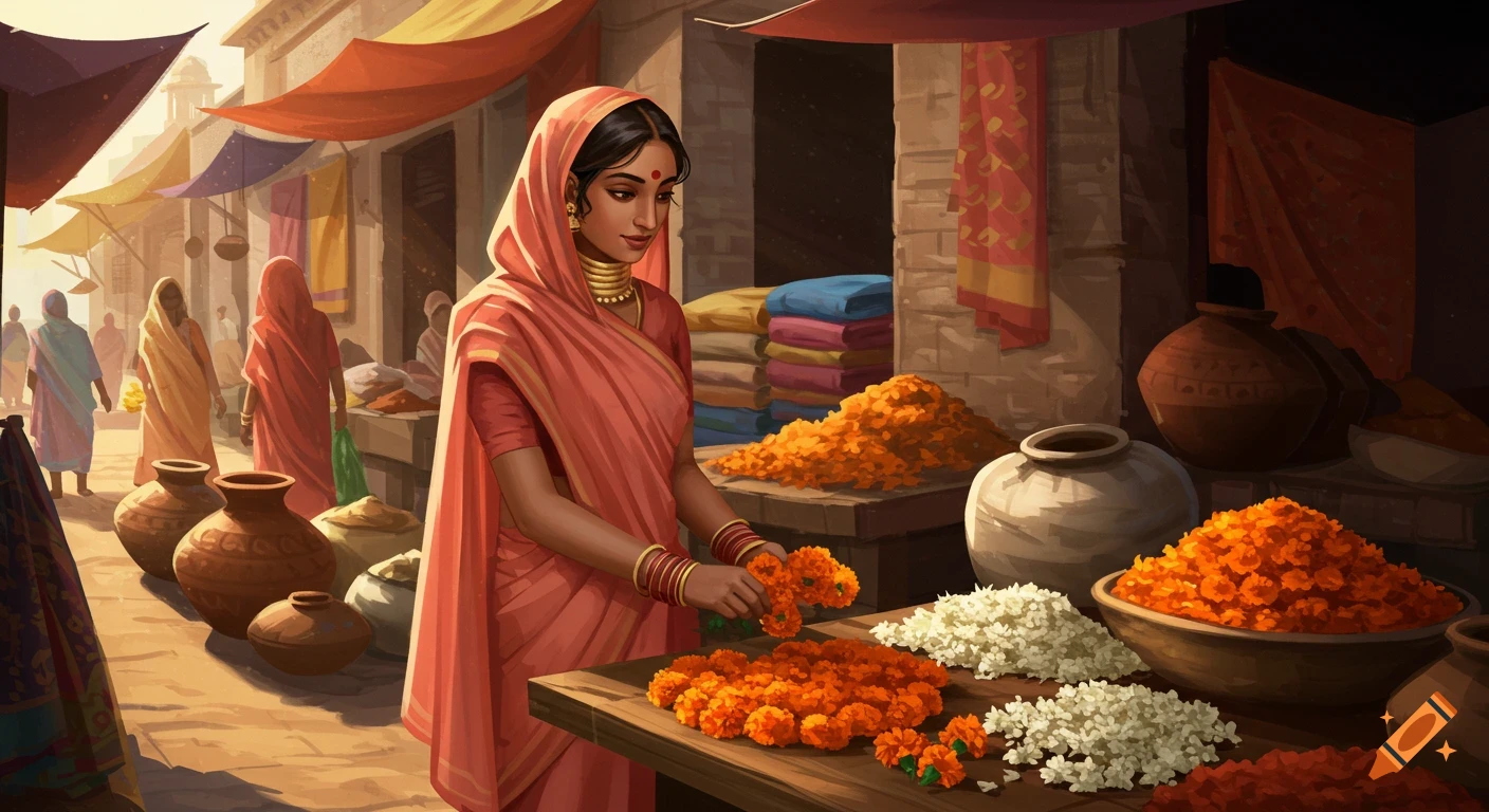 An Indian woman in a traditional market stall sells piles of colorful marigold flowers, painted in an illustrative style.