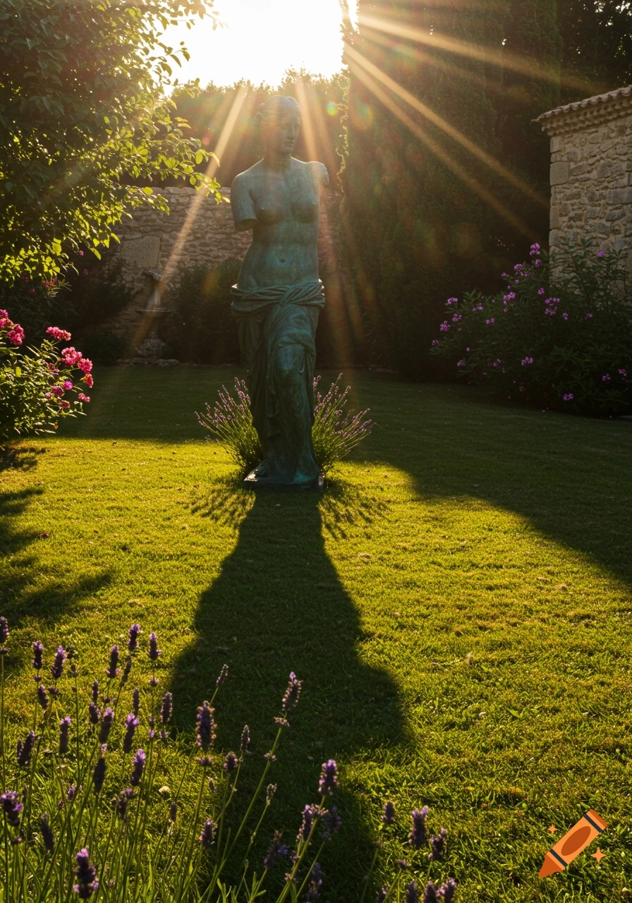 A bronze statue of Venus stands in a sun-drenched garden in the south of France, casting a long shadow on the grass.