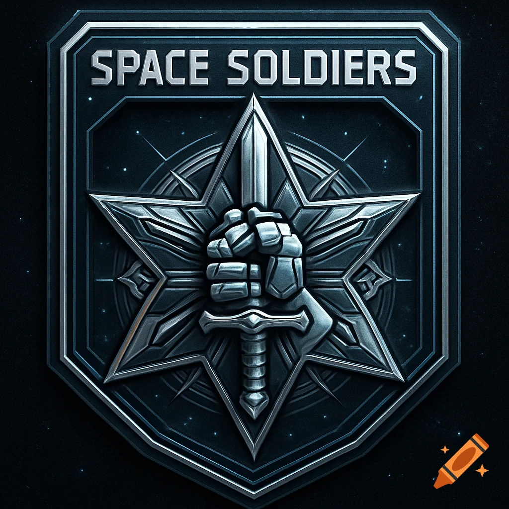 A metallic, dark blue and silver badge with the words "SPACE SOLDIERS" above a star, a fist clutching a sword, on a starry background.