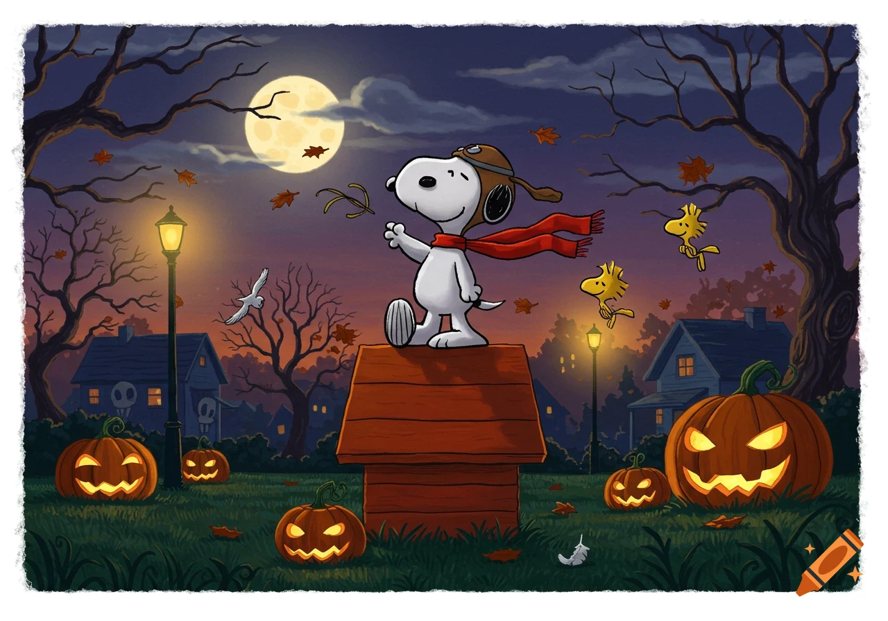 Cartoon of Snoopy as the Red Baron on his doghouse with Woodstock and jack-o'-lanterns under a full moon on Halloween night.