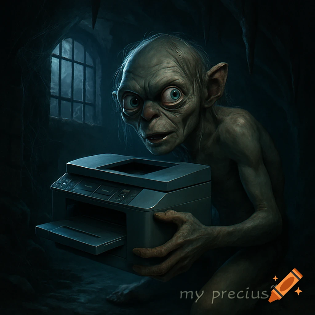 Gollum, with wide blue eyes, kneels in a dark cave, clutching a modern printer. Text reads 'my precious'.
