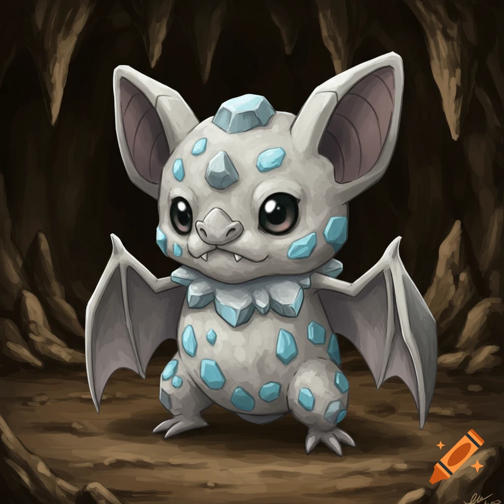 A cute, gray, crystal-studded bat creature in Pokémon style stands in a dark cave.