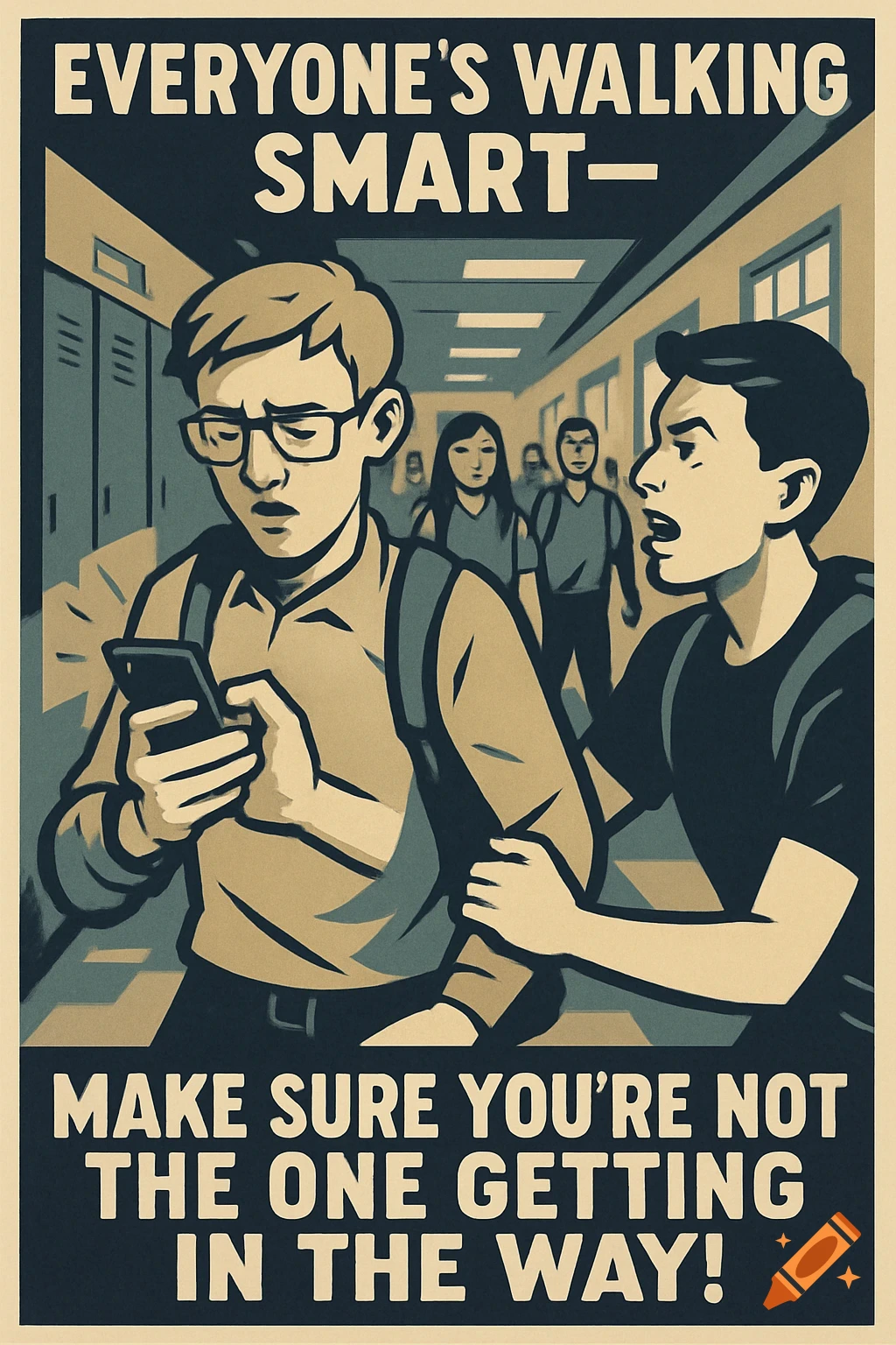 Retro-style propaganda poster: A student looks at a phone in a busy school hallway, while another student appears annoyed. Text reads: "Everyone's Walking Smart - Make Sure You're Not the One Getting in the Way!"
