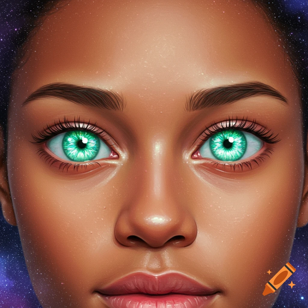 A close-up portrait of a person with brown skin and striking, bright green alien eyes against a starry background.