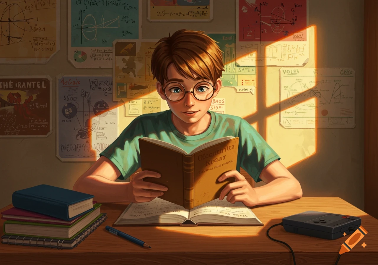 An illustrated boy with glasses studies a book at a desk filled with school supplies and a vintage video game console.