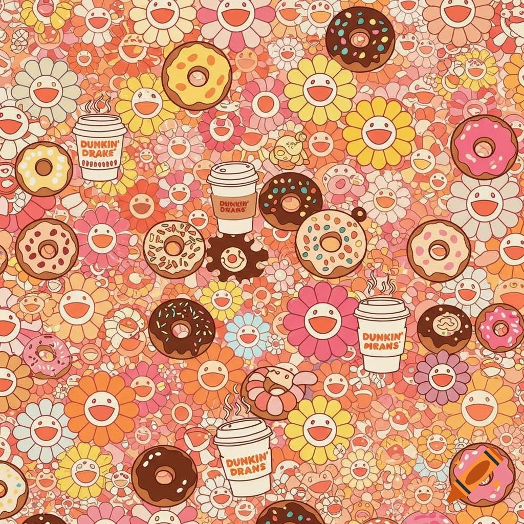 A vibrant, busy repeating pattern featuring smiling Takashi Murakami-style flowers, various donuts, and coffee cups on an orange background.