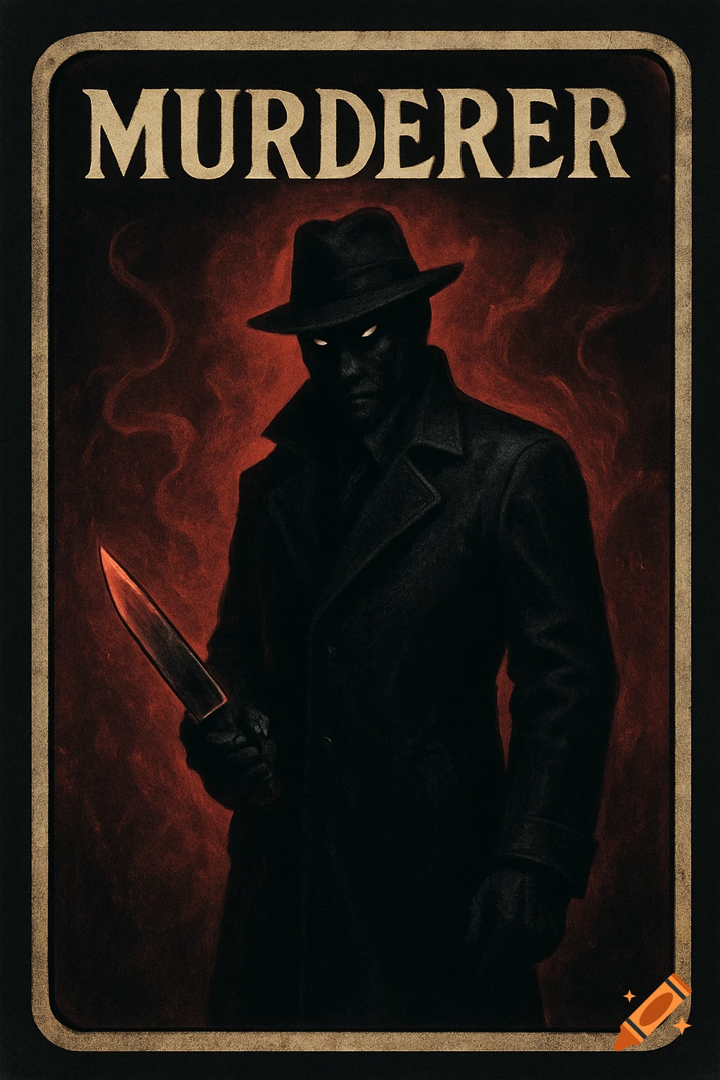 A shadowy figure in a fedora and trench coat, with glowing white eyes, holds a knife against a dark red smoky background, with the word "MURDERER" at the top.