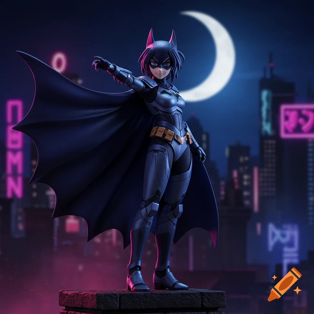 Anime female superhero figurine in a dark suit and cape points in a neon city under a crescent moon.