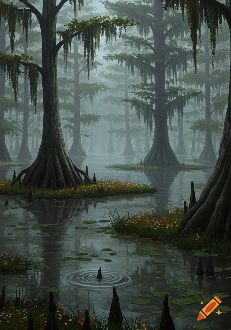 Misty swamp landscape with large moss-draped trees, water reflections, lily pads, and colorful wildflowers on small grassy islets.