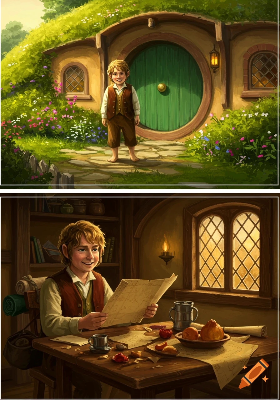 A young Bilbo Baggins stands outside a green-doored hobbit hole and later sits indoors studying a map, in an illustrated style.