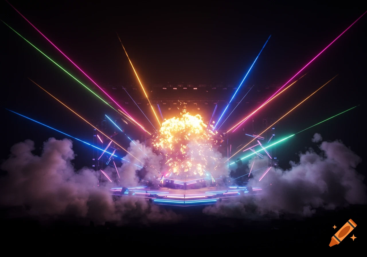A vibrant concert stage with an explosion of light and smoke, illuminated by colorful laser beams against a dark background.