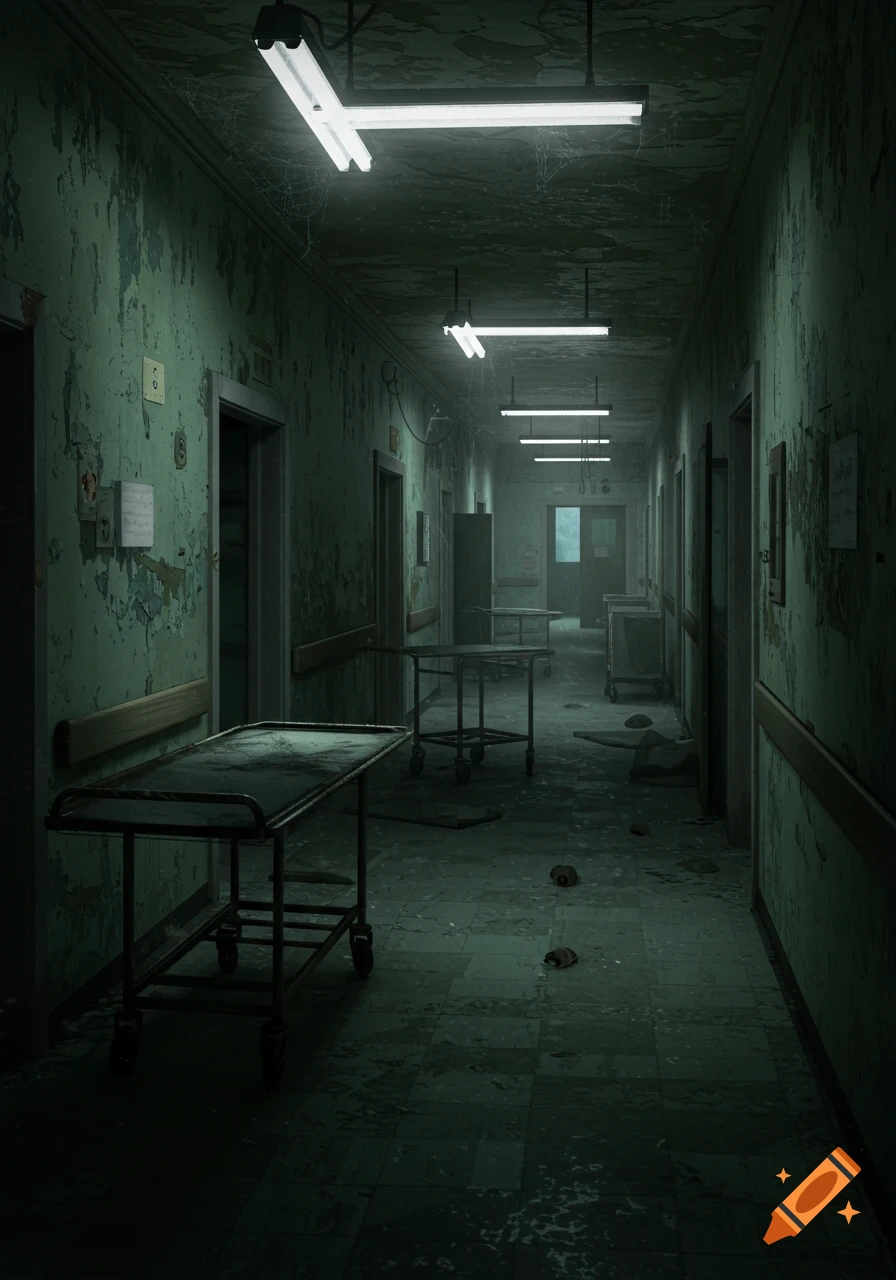 Long, dark, abandoned hospital hallway with peeling paint, dim fluorescent lights, and scattered medical trolleys, photorealistic style.