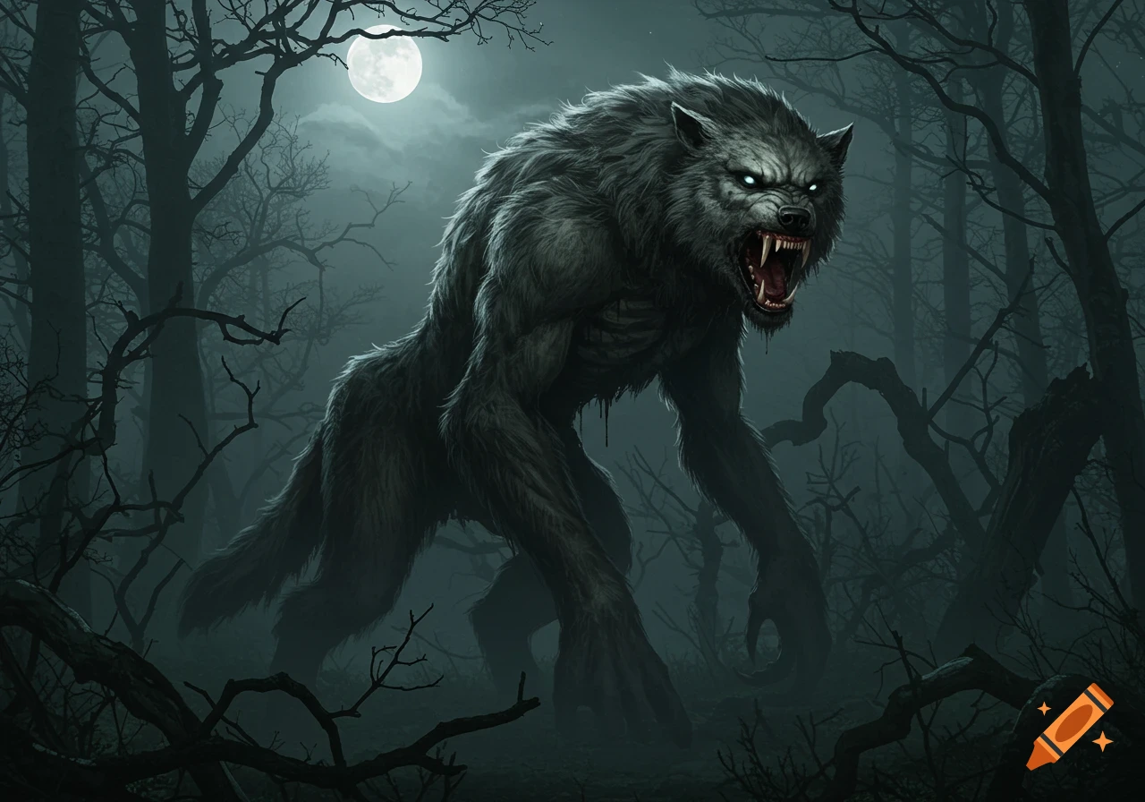 A monstrous werewolf with glowing eyes snarls, standing in a dark, gnarled forest under a bright full moon, in a digital painting style.