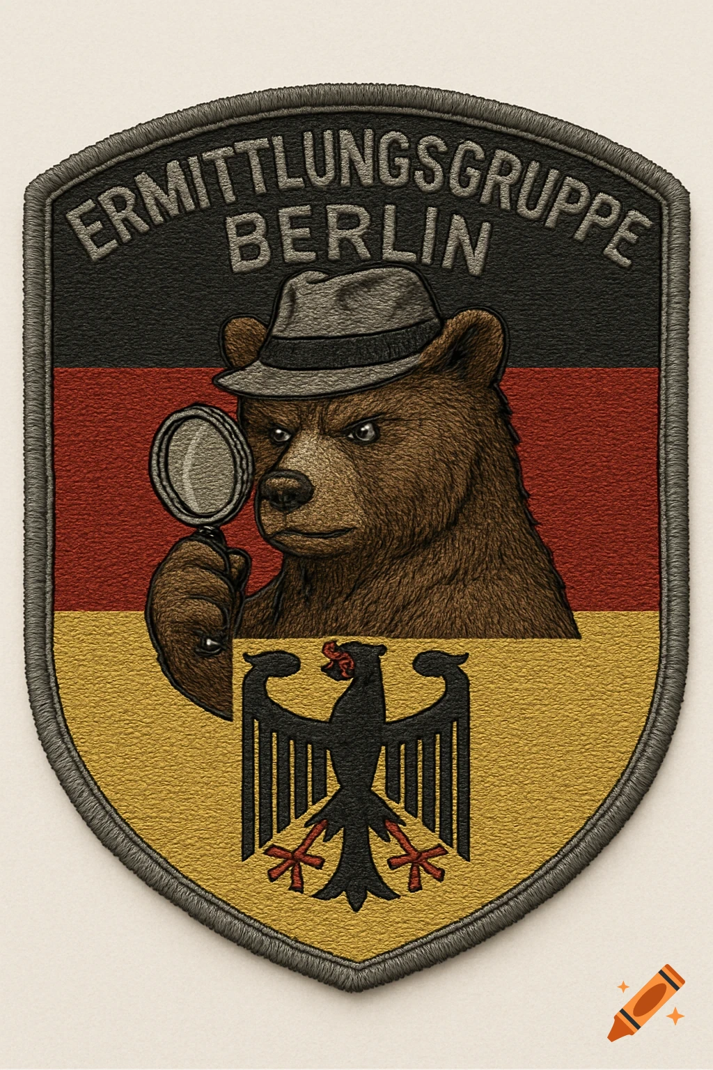 An embroidered German flag patch with a detective bear in a fedora, holding a magnifying glass, and the Bundesadler. Text says 'Ermittlungsgruppe Berlin'.