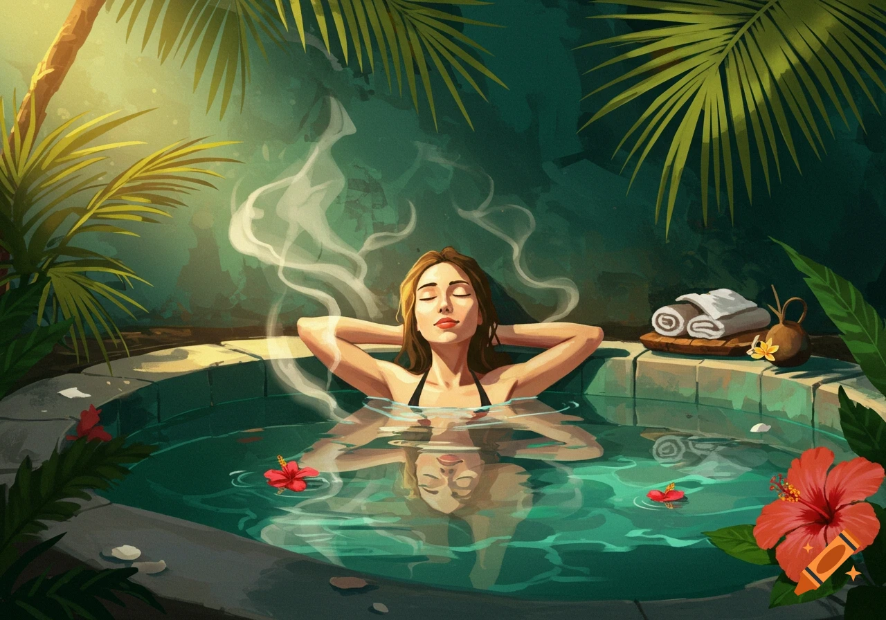 An illustrated woman relaxing in a steamy hot tub surrounded by tropical plants and flowers.