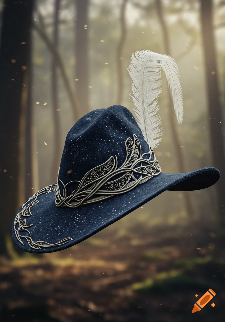 A blue elf hat with intricate silver embroidery, a white feather, and stardust details, set against a blurred forest background.