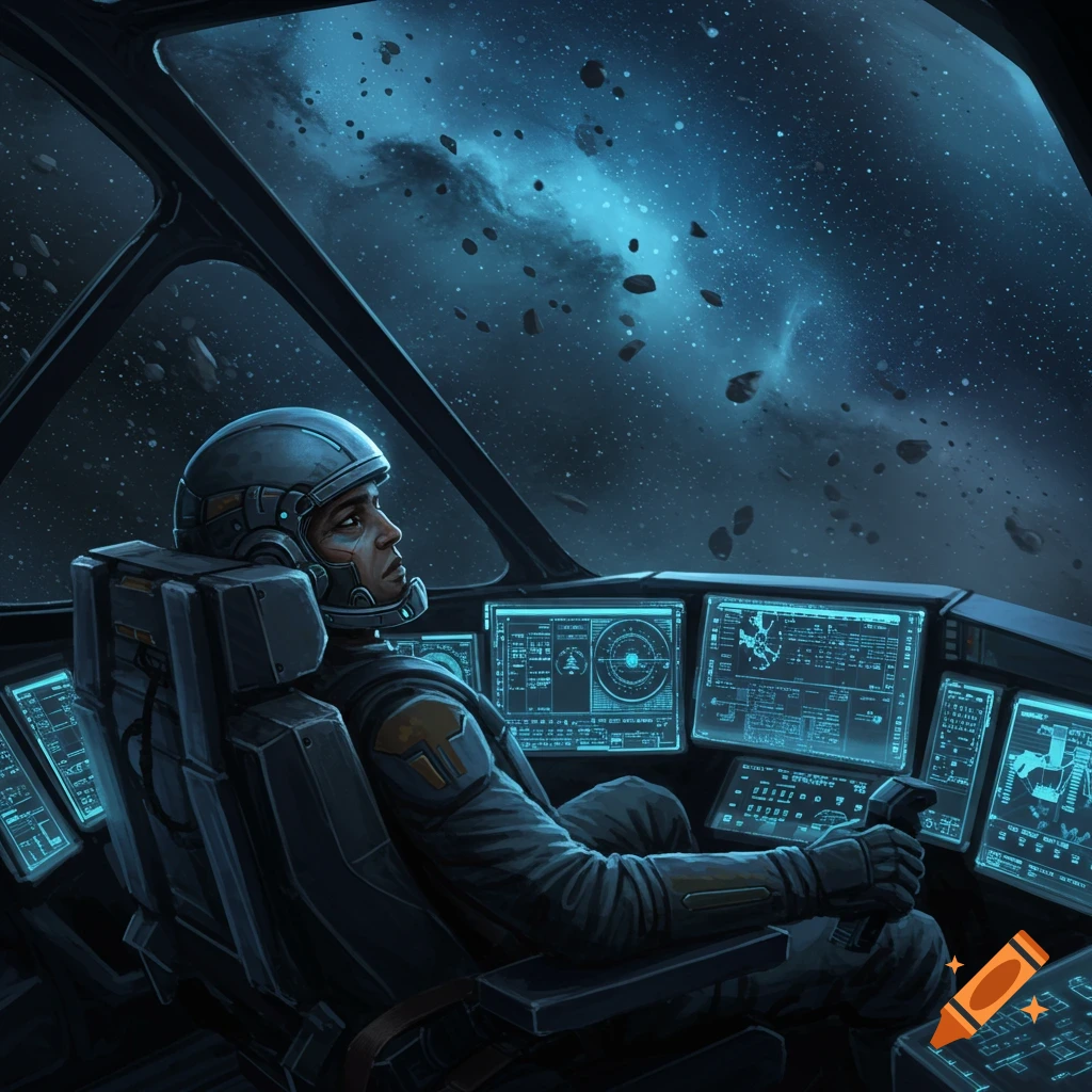 A futuristic pilot in a cockpit looks out at a starfield and asteroids while sitting at the controls.