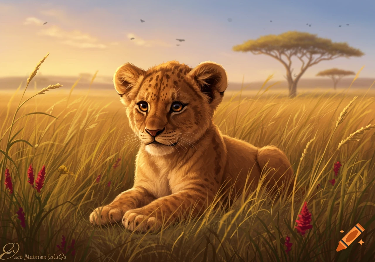 A cute baby lion cub with a spotted coat lies in tall golden grass in a sunny savanna, with an acacia tree in the background.