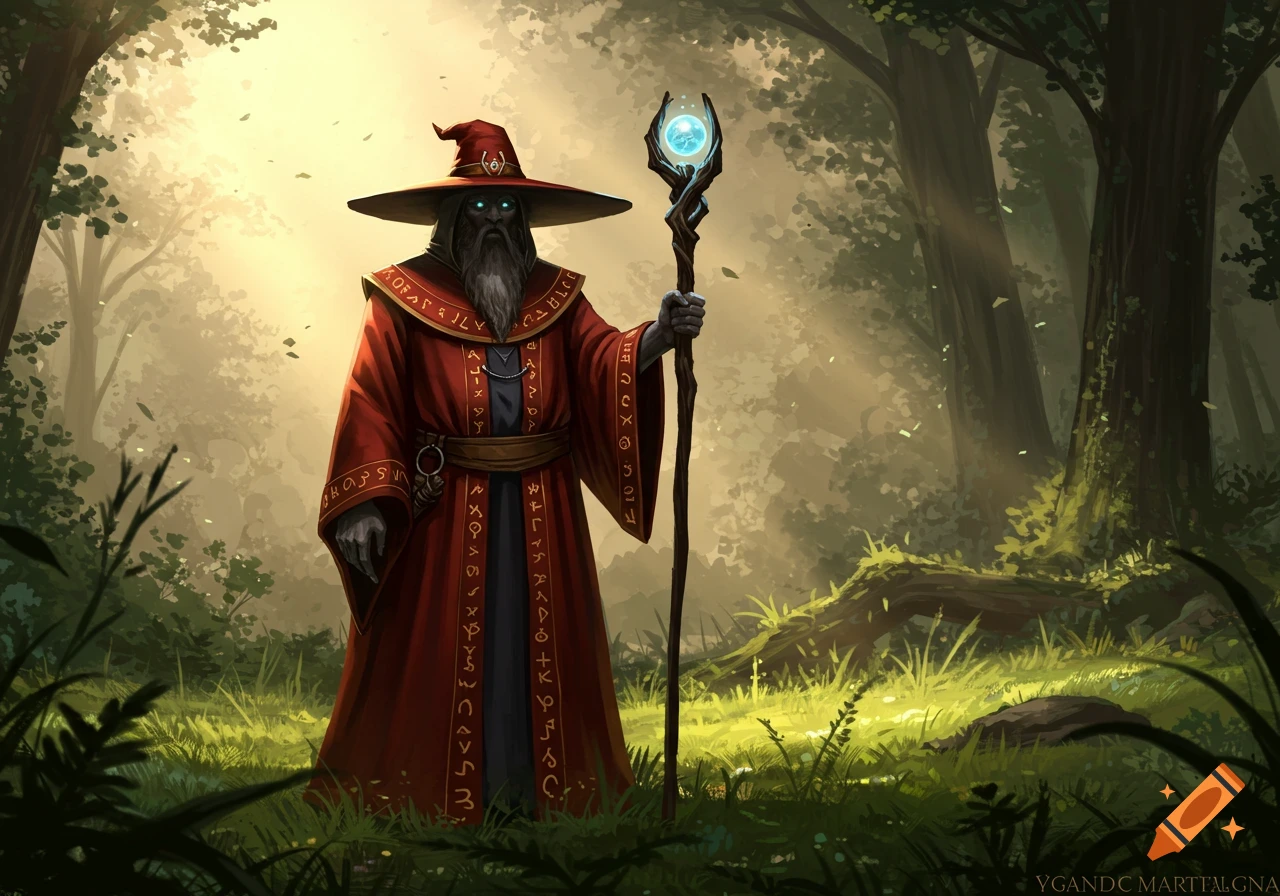 A grey-skinned wizard in a red robe and wide-brimmed hat stands in a sunlit forest, holding a staff with a glowing orb.