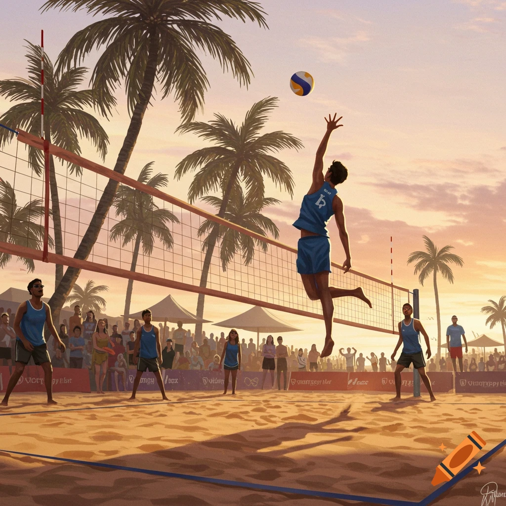 A graphic illustration of a beach volleyball player jumping to spike the ball over the net at sunset, with palm trees and spectators in the background.