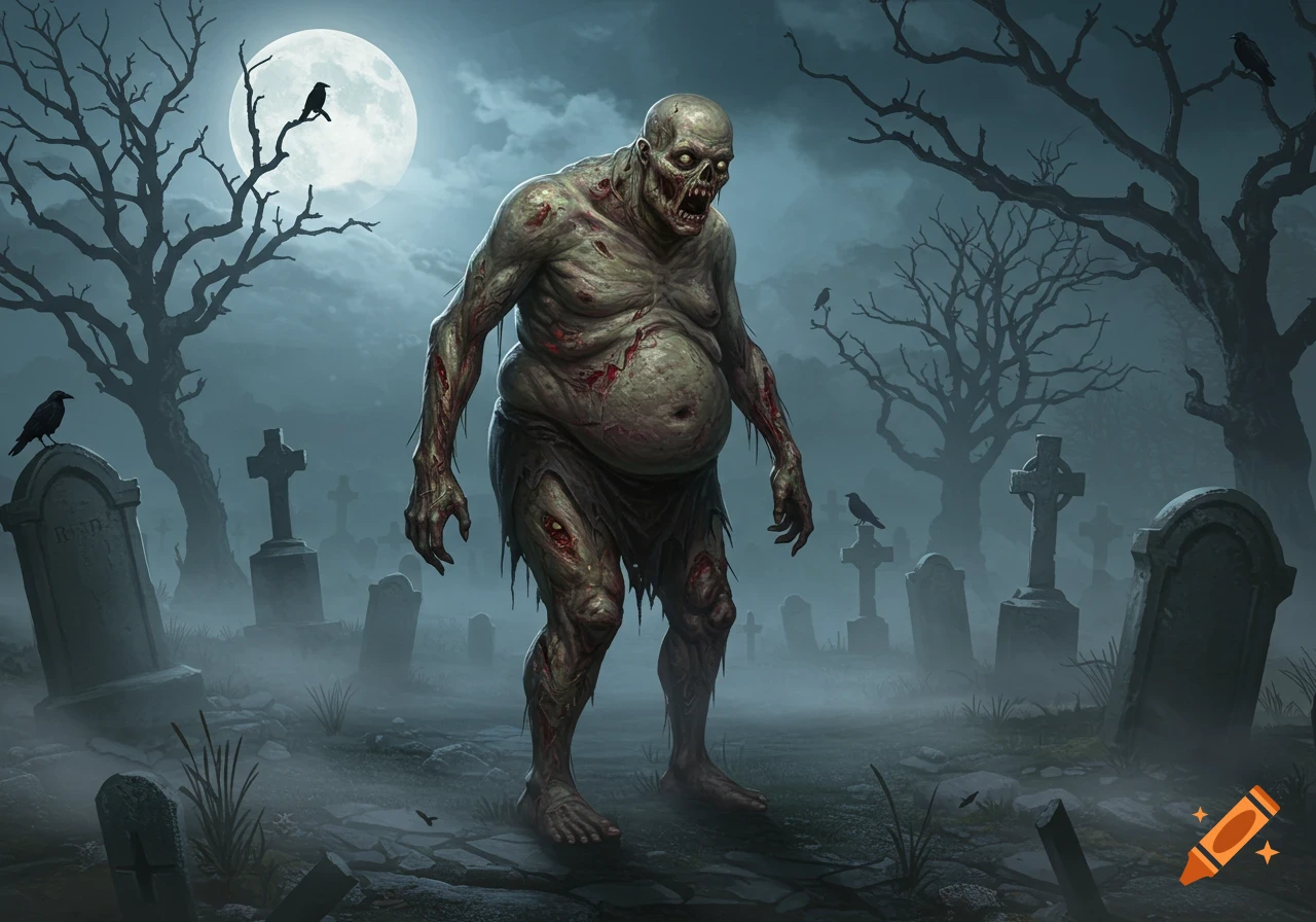 A grotesque zombie stands in a misty graveyard under a full moon, with bare trees and crows.