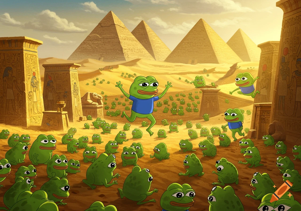 Cartoonish image of many green Pepe the Frog characters hopping and sitting in an Egyptian desert with pyramids and ancient temples.
